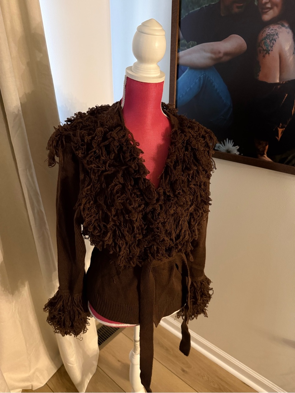 SHEIN Brown Textured Fringe Knit Belted Sweater